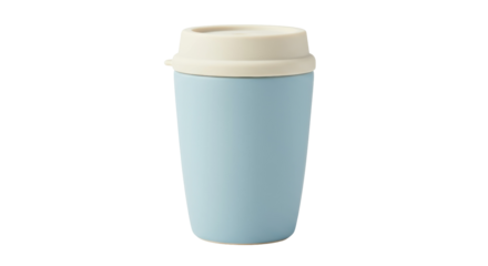 Light blue ceramic travel mug with lid isolated, reusable coffee cup for hot drinks on a clean background
