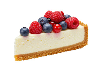 Delicious cheesecake slice with fresh berries isolated on white, gourmet dessert for patisserie menu and food photography
