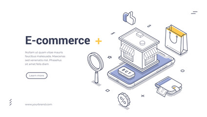 Obraz na płótnie Canvas E commerce online shopping marketplace mobile app isometric web banner design template line vector illustration. E business internet store shop market supermarket buy goods purchase retail technology