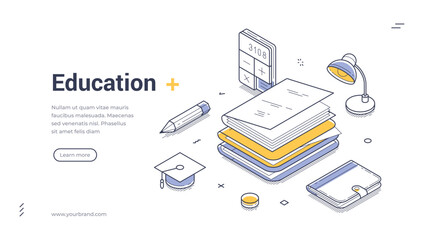 Education back to school learning graduation isometric web banner design template line vector illustration. Studying literature knowledge wisdom college university training class lesson tutorial