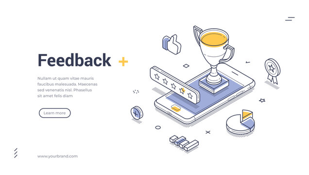 Feedback service retail rate evaluation isometric web banner design template line vector illustration. Customer satisfaction best choice award reward rating client support mobile app technology