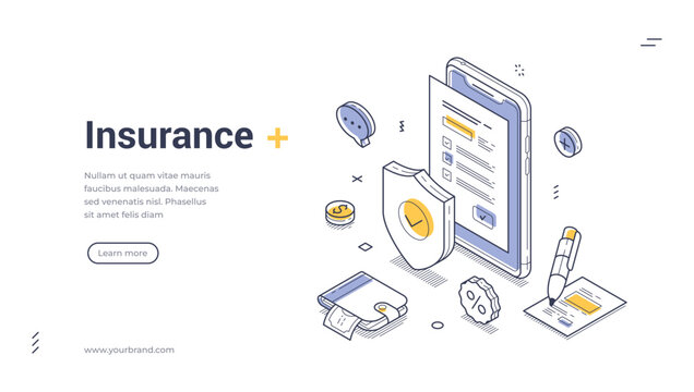 Insurance guarantee agreement mobile app isometric web banner design template line vector illustration. Safety protection contract secure warranty term and condition legal form smartphone application