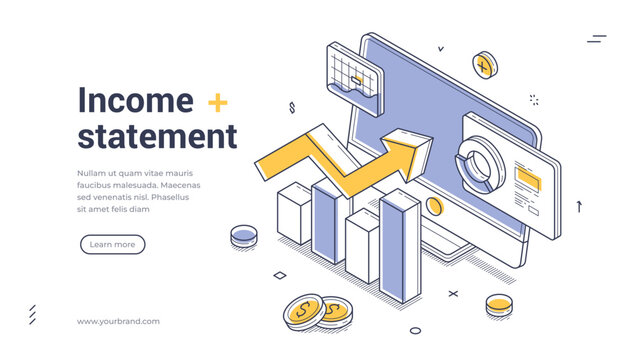 Income statement accounting financial analyzing isometric web banner design template line vector illustration. Business profit wealth analysis management control budget balance planning optimization