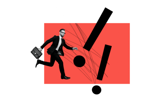 Composite photo collage of serious businessman run exclamation mark symbol warning attention project isolated on painted background