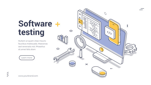 Software testing coding programming isometric web banner design template line vector illustration. Computer program code development datum automation engineering information technology optimization