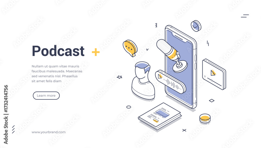 Wall mural podcast internet live show multimedia interview isometric web banner design template line vector ill