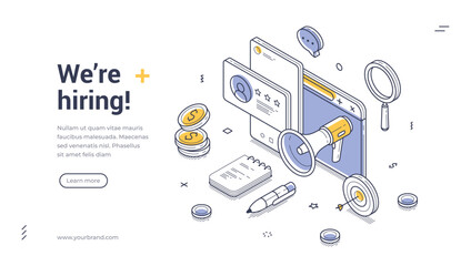 Obraz na płótnie Canvas We are hiring HR vacancy internet promotion isometric web banner design template line vector illustration. Job recruitment headhunting human resources candidate searching online advertising
