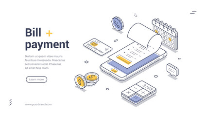 Bill payment online banking mobile app isometric web banner design template line vector illustration. Financial bank cashless e money paying invoice receipt card shopping internet digital technology