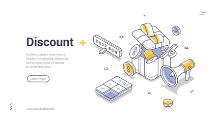 Fototapeta na wymiar Online shopping sale discount Black Friday isometric web banner design template line vector illustration. Internet marketplace cost reduction special offer loyalty program gift shop store campaign
