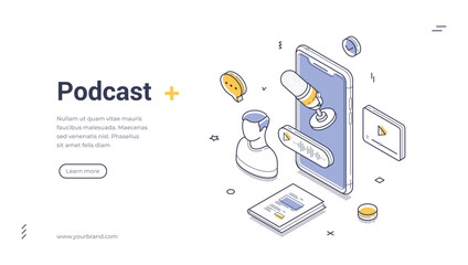 Podcast internet live show multimedia interview isometric web banner design template line vector illustration. Online audio broadcast music record event entertainment media content mobile app