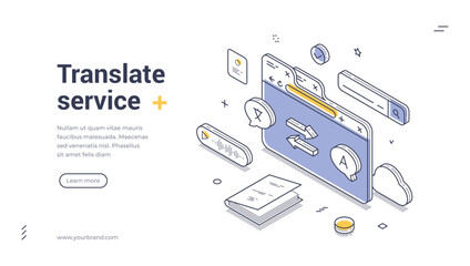 Translate language internet dictionary service isometric web banner design template line vector illustration. Multilingual vocabulary education communication international speak online studying