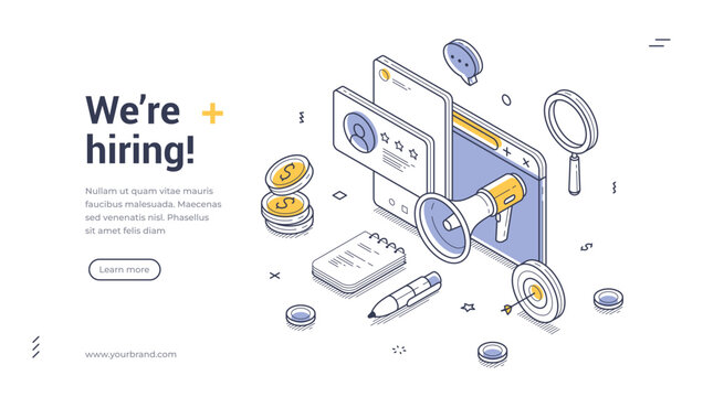 We are hiring HR vacancy internet promotion isometric web banner design template line vector illustration. Job recruitment headhunting human resources candidate searching online advertising