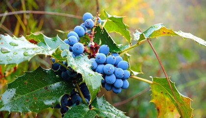 Close-up of a cluster of vibrant blue berries on a leafy branch