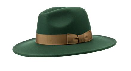 Elegant green fedora hat with brown ribbon isolated on transparent background, stylish headwear for fashion and vintage look