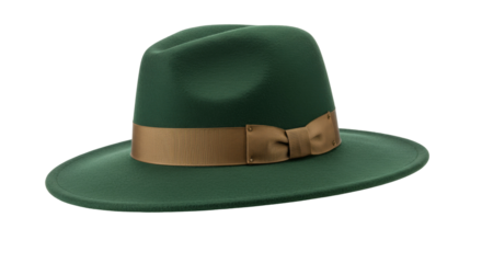 Elegant green fedora hat with brown ribbon isolated on transparent background, stylish headwear for fashion and vintage look
