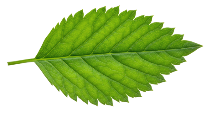 Single green leaf with serrated edges and visible veins.