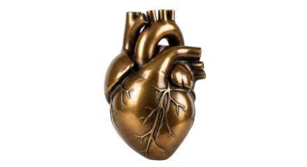 Anatomical heart sculpture isolated on white, bronze-colored heart model for medical study and educational purposes PNG