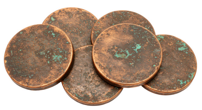 Pile of tarnished copper coins isolated on transparent background, vintage currency with green patina for antique collection
