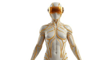 Futuristic female cyborg with golden visor isolated on transparent background, sci-fi humanoid robot PNG for technology and design