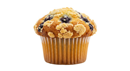 Delicious blueberry muffin isolated on transparent background, sweet baked treat with crumble topping for breakfast or dessert