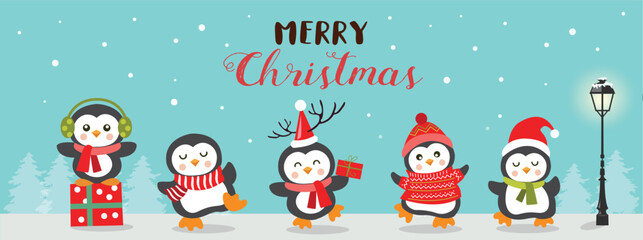 Merry Christmas design template. A group of adorable penguins celebrating Christmas.
Vector illustration.
