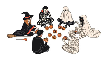 Halloween Gathering: A gathering of costumed characters around carved pumpkins, capturing the festive spirit of Halloween in a playful illustration.