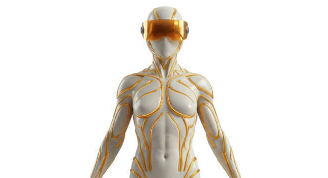Futuristic female cyborg with golden visor isolated on transparent background, sci-fi humanoid robot PNG for technology and design