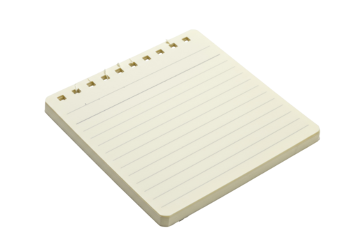 Lined notepad isolated on white, square paper block with holes for notes and reminders, stationery item