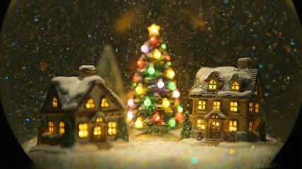 Enchanting Christmas snow globe scene with cozy houses and colorful lights, perfect for holiday magic and festive cheer, creating a warm and nostalgic feel - Powered by Adobe