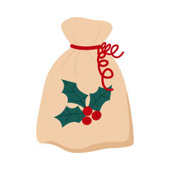 Gift box with red berries and green leaves. Cute present tied with burgundy ribbon. Element for greeting card for birthday, Christmas, New Year or party celebration.