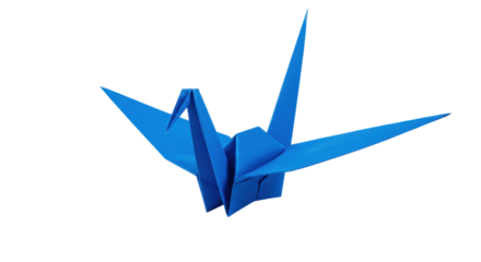 Blue origami crane isolated PNG, traditional Japanese folded paper art for peace and good luck