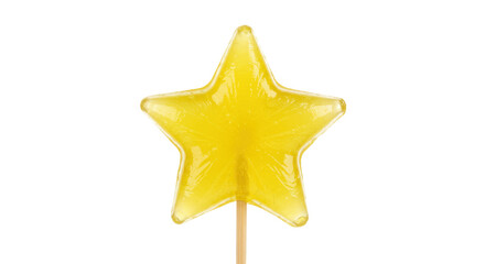 Yellow star lollipop isolated on transparent background, sweet candy treat for kids party and birthday celebration