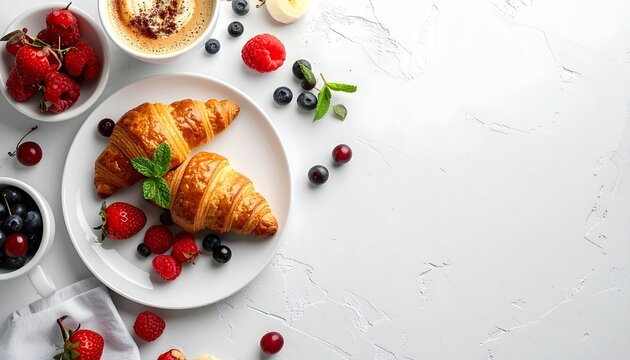 flatlay photo of delicious breakfast with croissant, single milk, and fruit