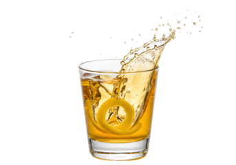 Whiskey splash in glass with lemon twist isolated, alcoholic beverage on transparent background for bar and cocktail recipes