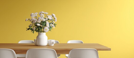 Interior with white chairs and a yellow table background. Generative AI