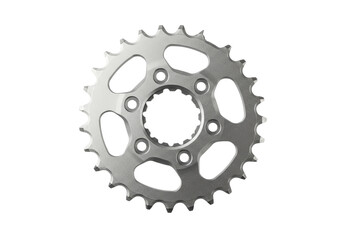 Silver motorcycle sprocket isolated on transparent background, drivetrain component for vehicle repair and maintenance