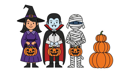 Spooky Halloween Ensemble: A delightful illustration capturing a trio of classic Halloween figures—a whimsical witch, a charming vampire, and a quirky mummy, alongside a stack of inviting pumpkins.