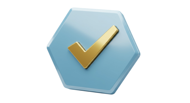 Golden check mark on blue hexagon isolated PNG, approval icon for graphic design and user interface elements on transparent background - Powered by Adobe