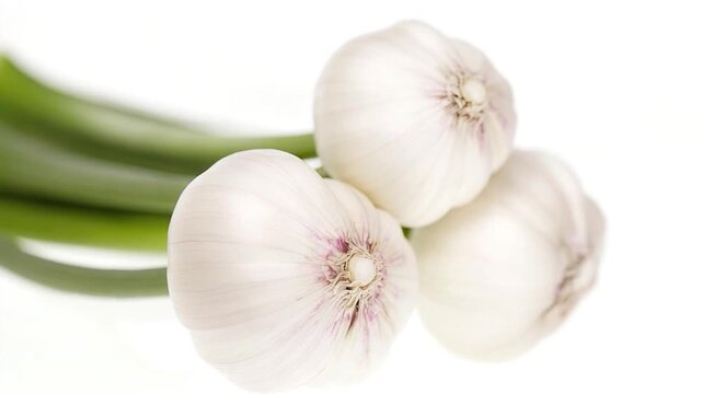 Two garlic bulbs sit on a table with a simple background