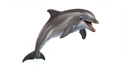Obraz premium Delfín gris salta felizmente con luz brillante su piel húmeda destella en el fondo blanco puro