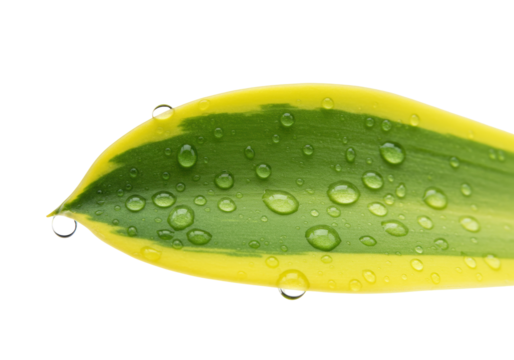 Green and yellow leaf with water droplets isolated on white, fresh foliage close-up for nature and botanical themes PNG - Powered by Adobe