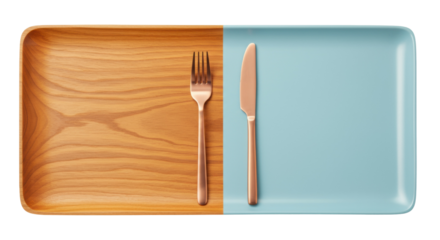 Rectangular serving tray with fork and knife isolated, wooden and blue dishware for food presentation and minimalist design