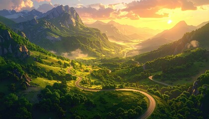 Majestic landscape showcases a winding road meandering through lush green valleys, surrounded by towering mountains under a vibrant sunset, with the sun casting golden light on the scene,