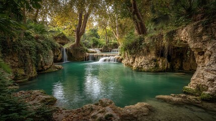 Fototapeta premium Tranquil waterfall cascading into a serene pool nestled within a lush, leafy forest.