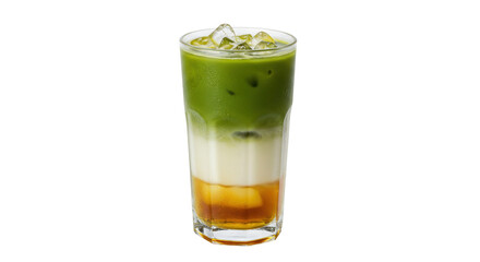 Fototapeta premium Iced matcha latte in a glass isolated on transparent background, layered green tea drink with milk and brown sugar