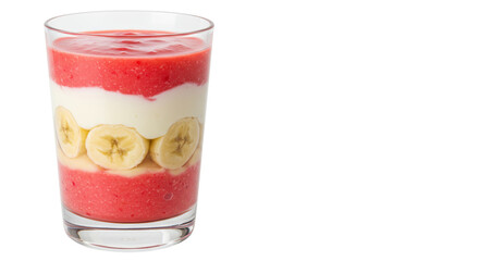 Layered smoothie in glass isolated, strawberry banana parfait with yogurt for healthy breakfast or dessert
