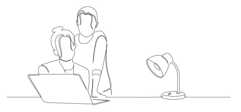 continuous line art of a mother teaching her child how to use a laptop