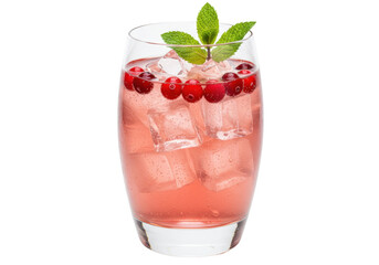 Refreshing cranberry cocktail with ice cubes and mint garnish isolated, festive holiday drink for celebrations and special occasions