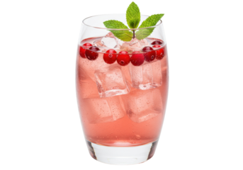 Refreshing cranberry cocktail with ice cubes and mint garnish isolated, festive holiday drink for celebrations and special occasions