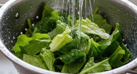 Fresh greens being rinsed in a colander under running water  